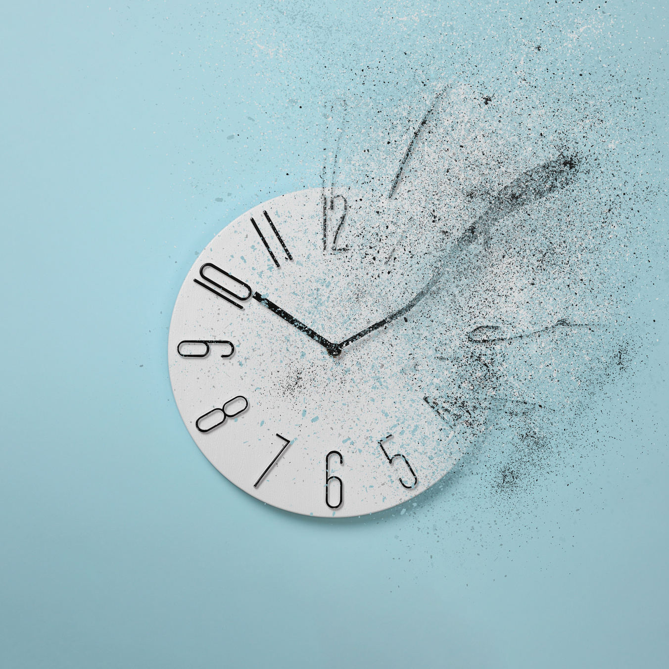 Flow of Time. Analog Clock Dissolving on Light Blue Background